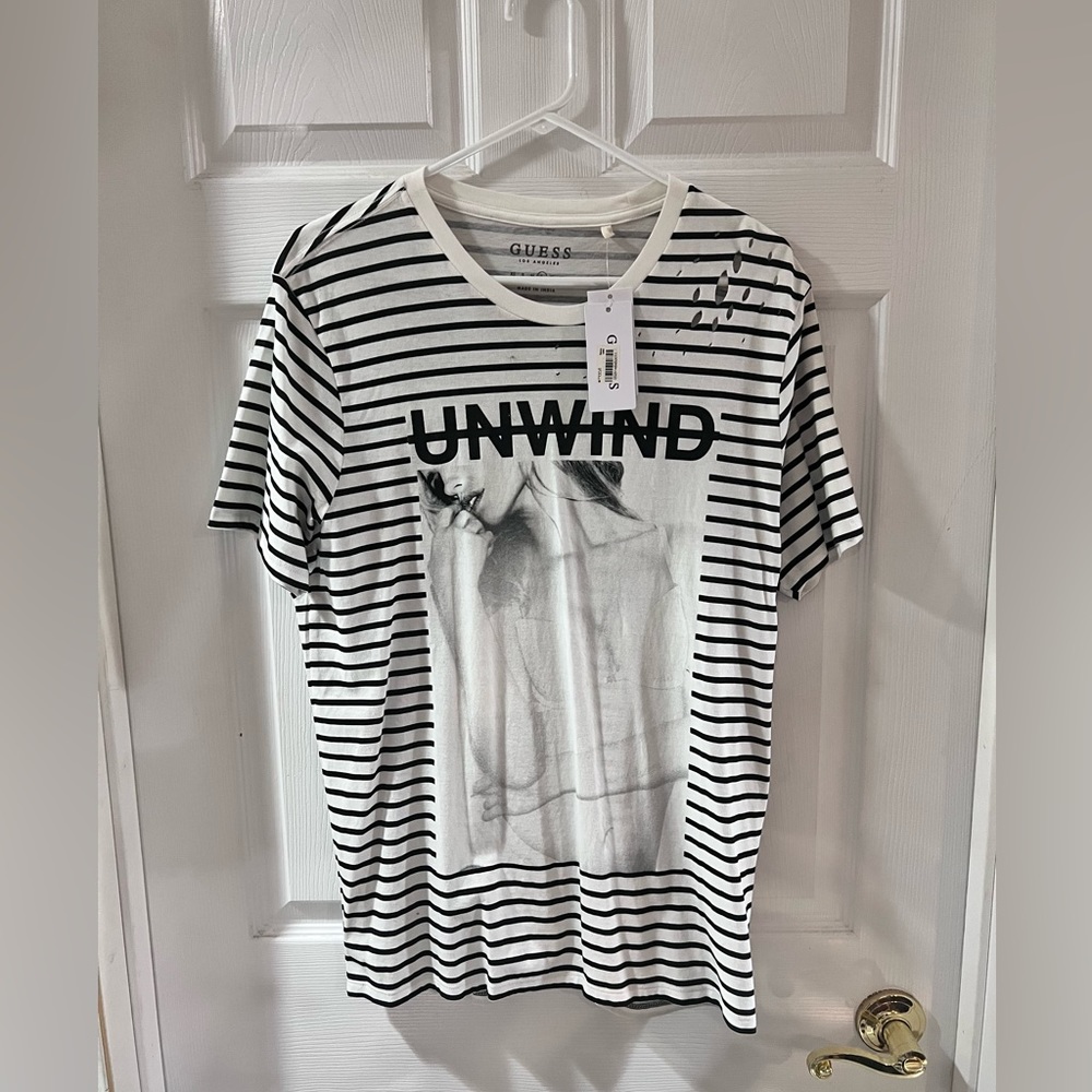 Guess Men Striped White Distressed Tee Size L